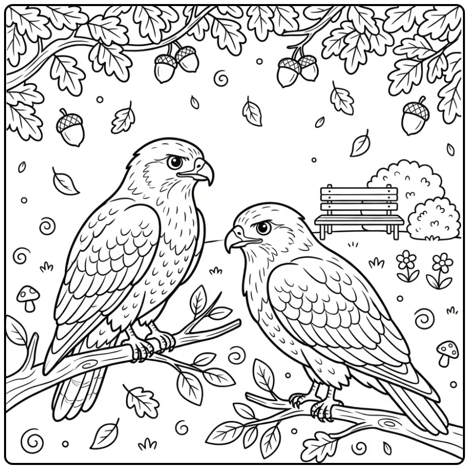 Schattige kleurplaat buizerd koppel op een boomtak in park.