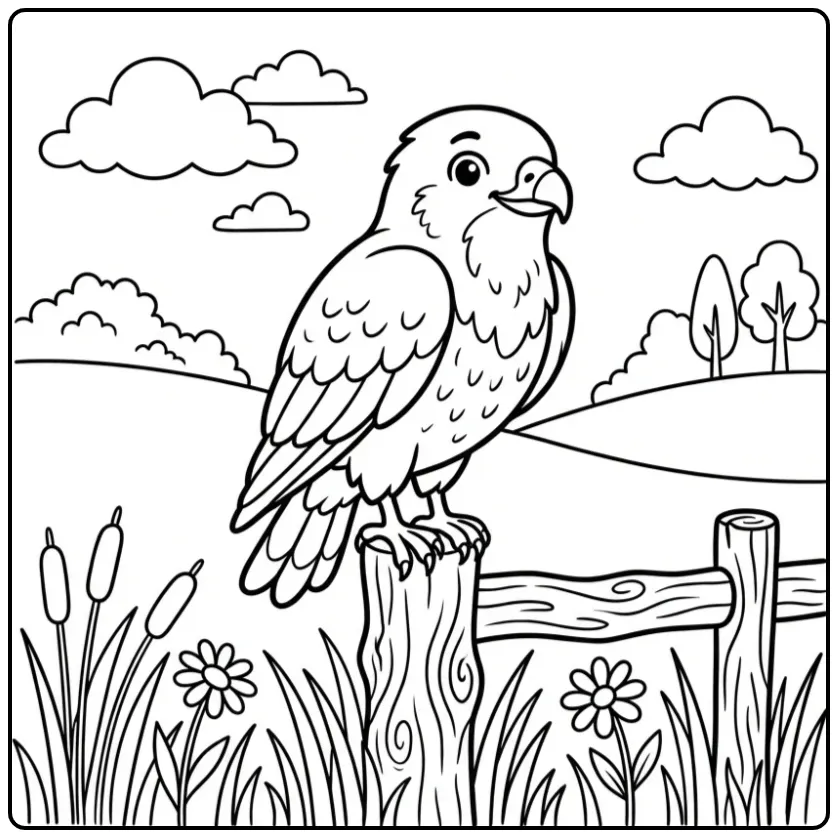 Een leuke kleurplaat buizerd op een houten paal in de wei.