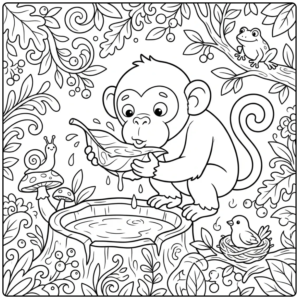 Leuke kleurplaat chimpansee met bosdieren in de jungle.