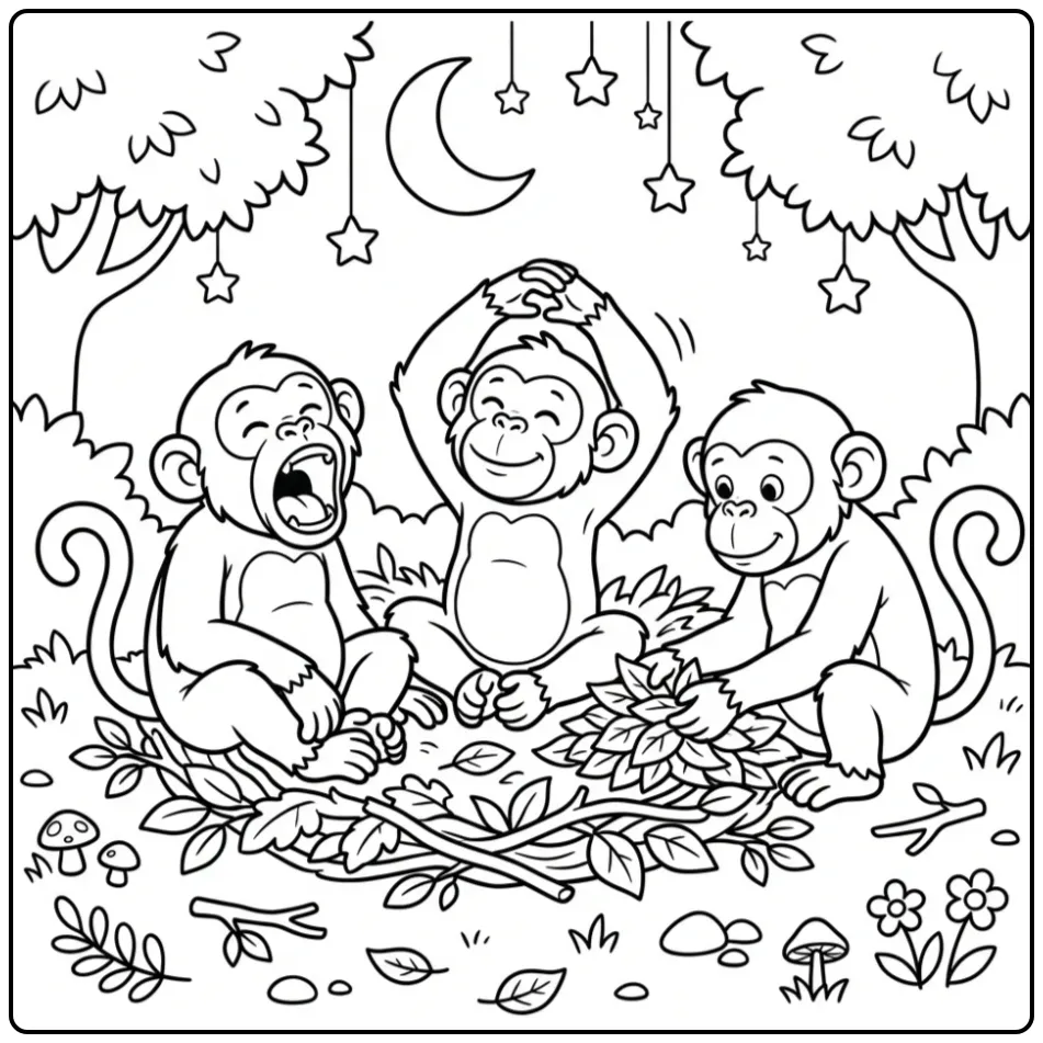 Leuke kleurplaat chimpansee die gaat slapen onder de maan