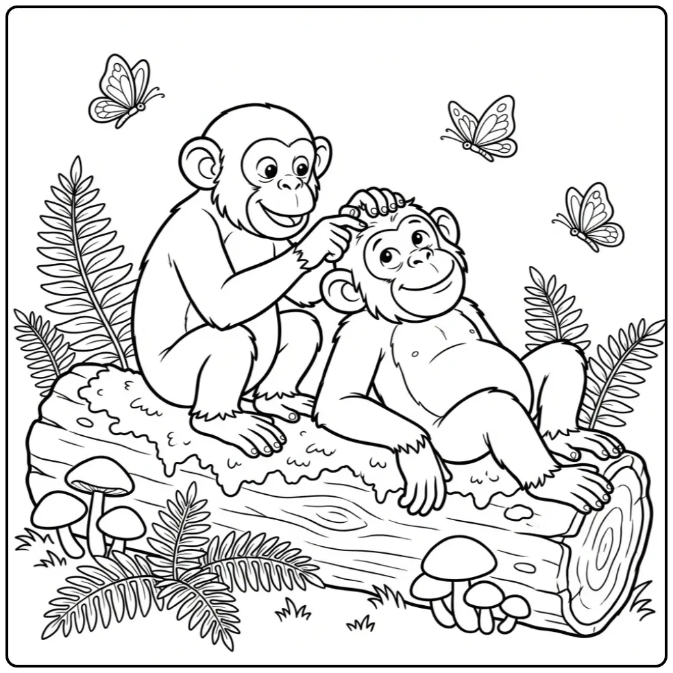 Schattige kleurplaat chimpansee vlooien op een boomstam.
