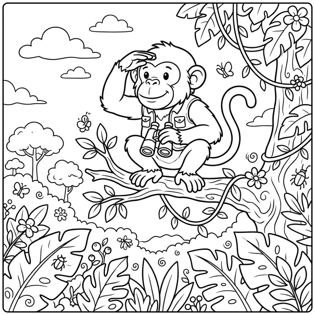 Een leuke kleurplaat chimpansee die uitkijkt over het woud.