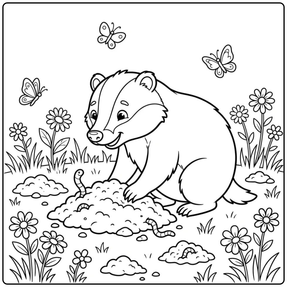 Schattige kleurplaat das met vlinders en bloemen.