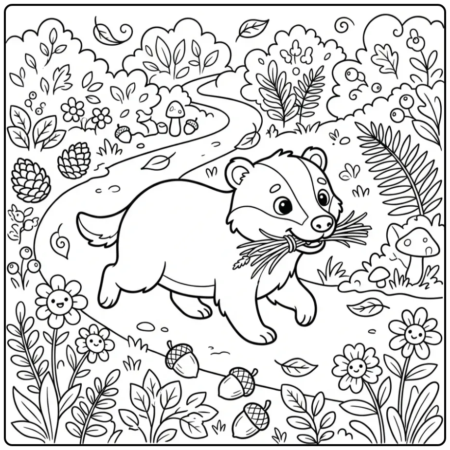 Een schattige kleurplaat das met gras op een bospad.