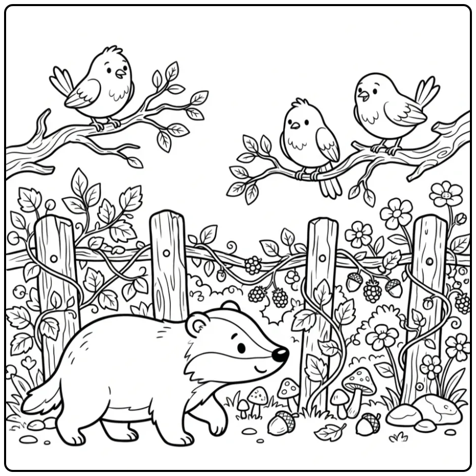 Een schattige kleurplaat das wandelend langs een groene heg.