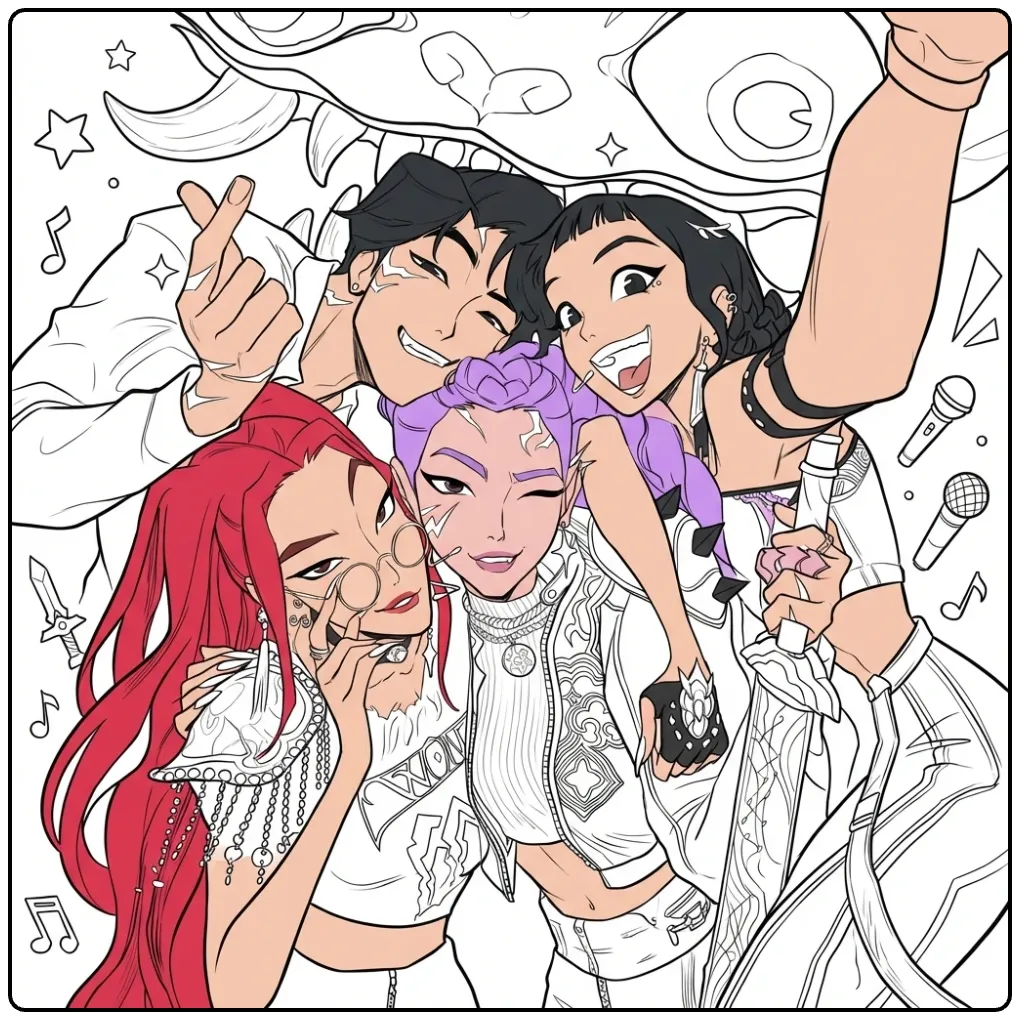 Vrolijke kleurplaat kpop demon hunters maken een selfie.