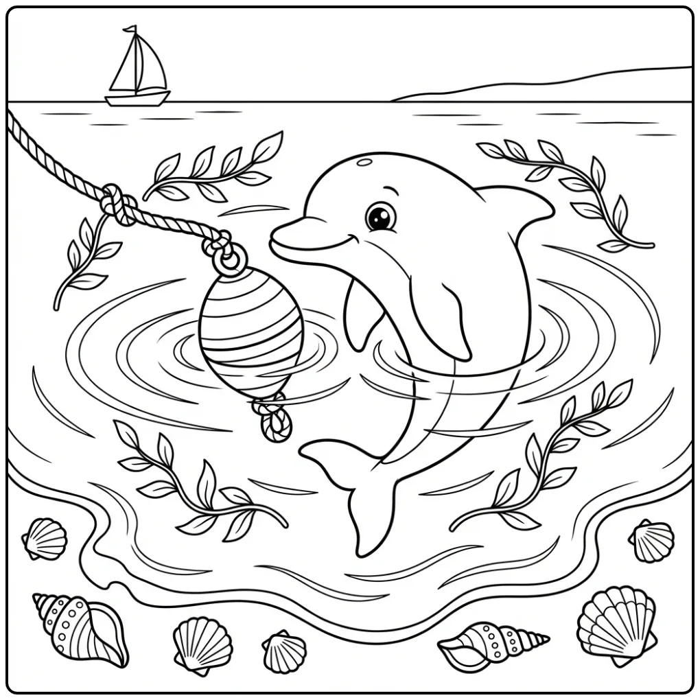 Een leuke kleurplaat dolfijn die zwemt rond een boei in zee.