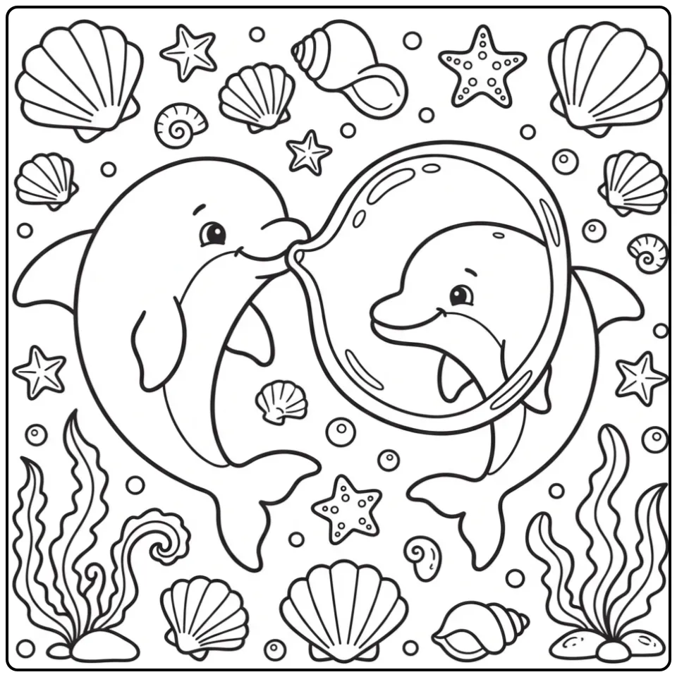 Speelse kleurplaat dolfijn blaast grote bubbels.