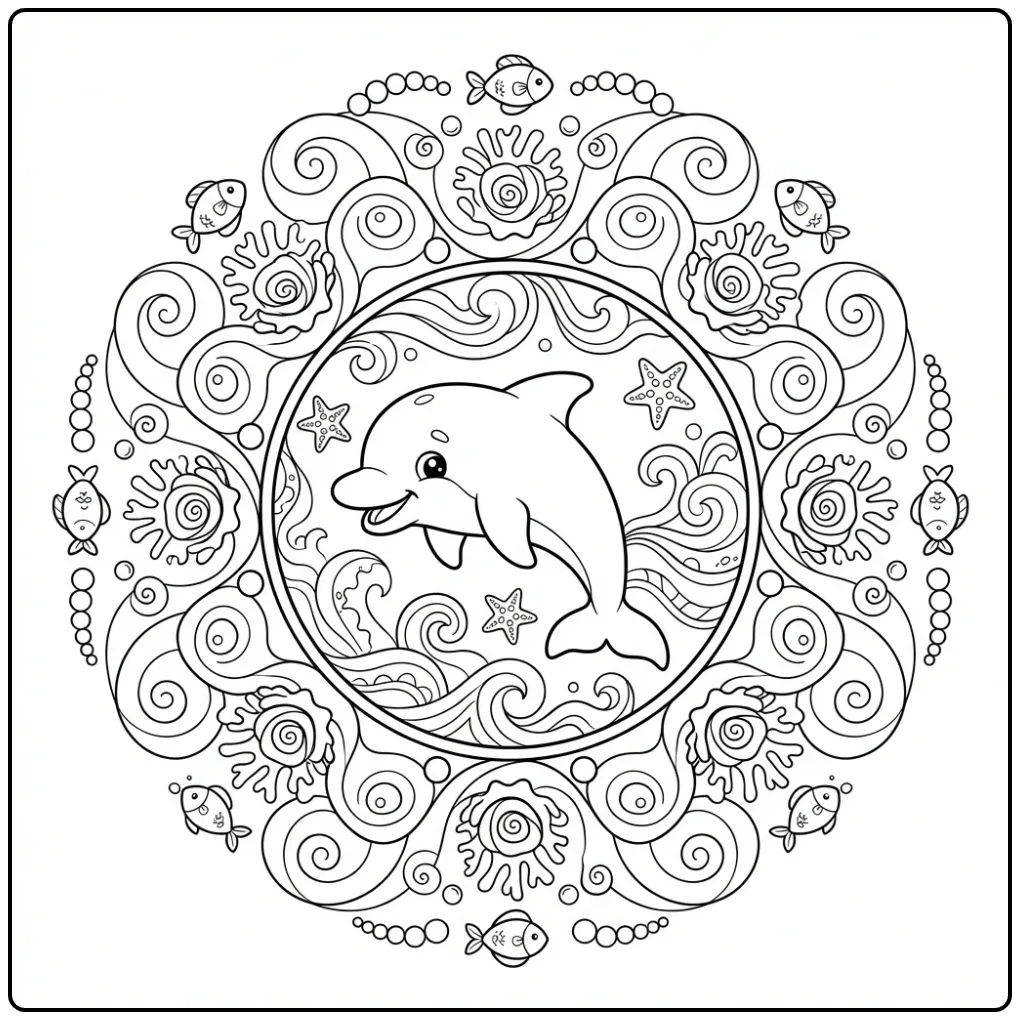 Schattige kleurplaat dolfijn mandala met golven en koraal.