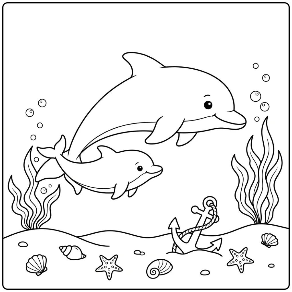 Schattige kleurplaat dolfijn met baby bij een anker.