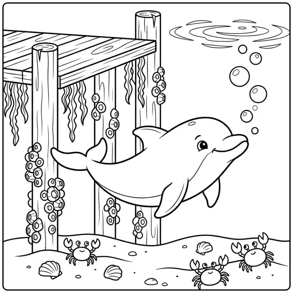 Leuke kleurplaat dolfijn zwemmend onder een houten pier.