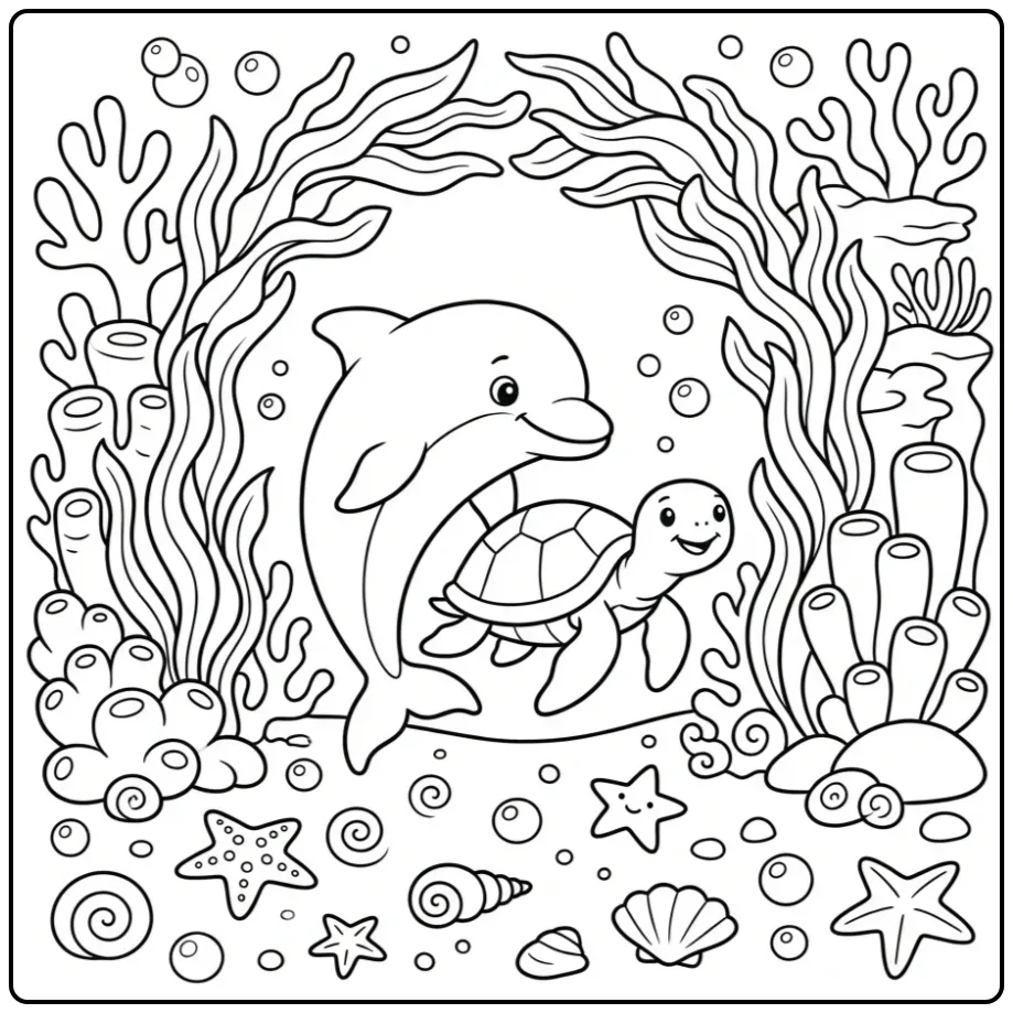 Leuke kleurplaat dolfijn met zeeschildpad en koraal.