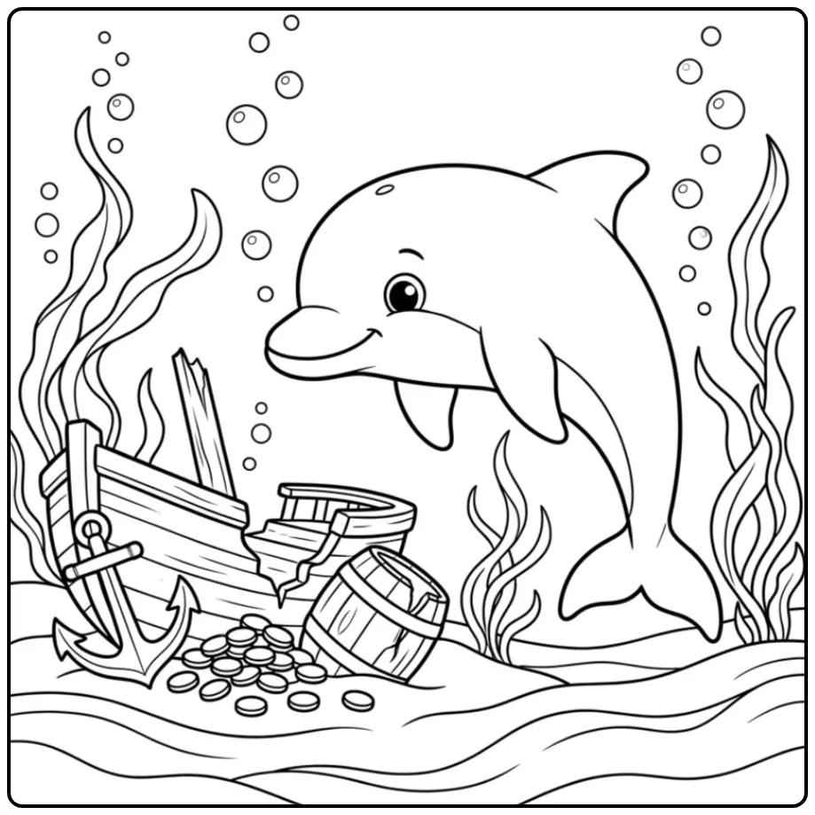 Schattige kleurplaat dolfijn bij een oud scheepswrak.