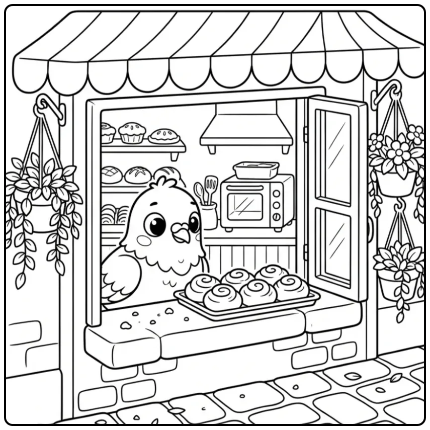 Schattige kleurplaat duif kijkt naar broodjes in het raam.