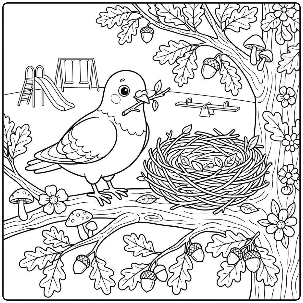 Schattige kleurplaat duif met takje bij een nest op de tak.