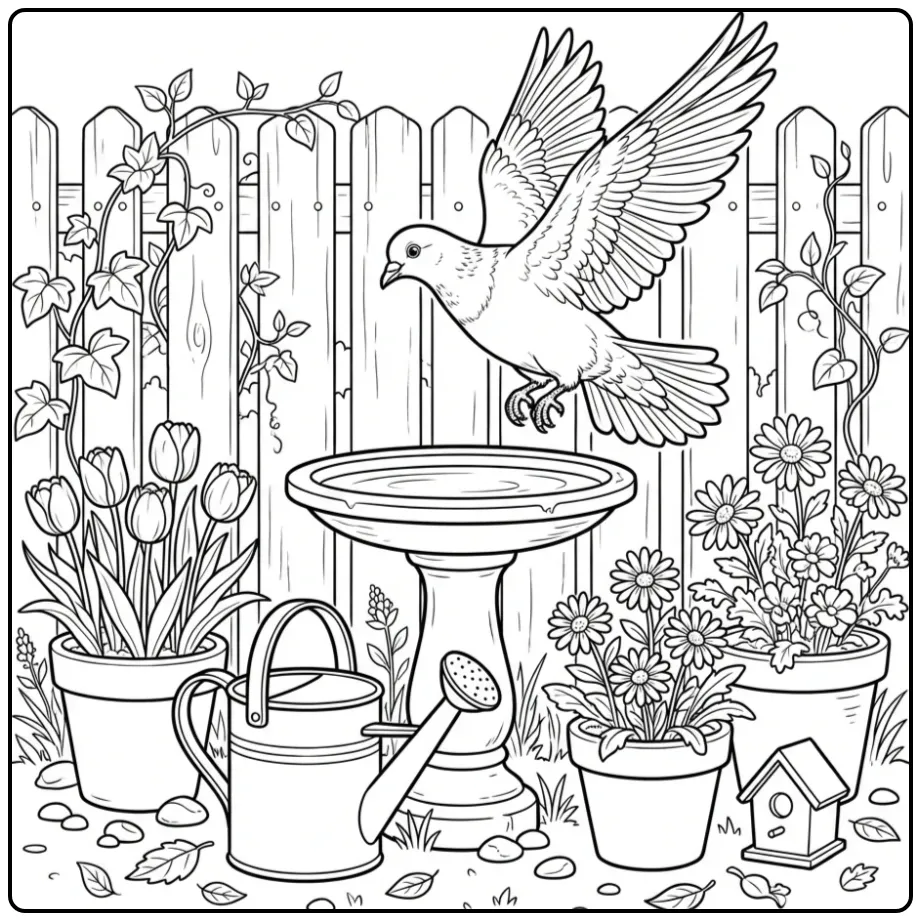 Vrolijke kleurplaat duif die landt op een vogelbadje.