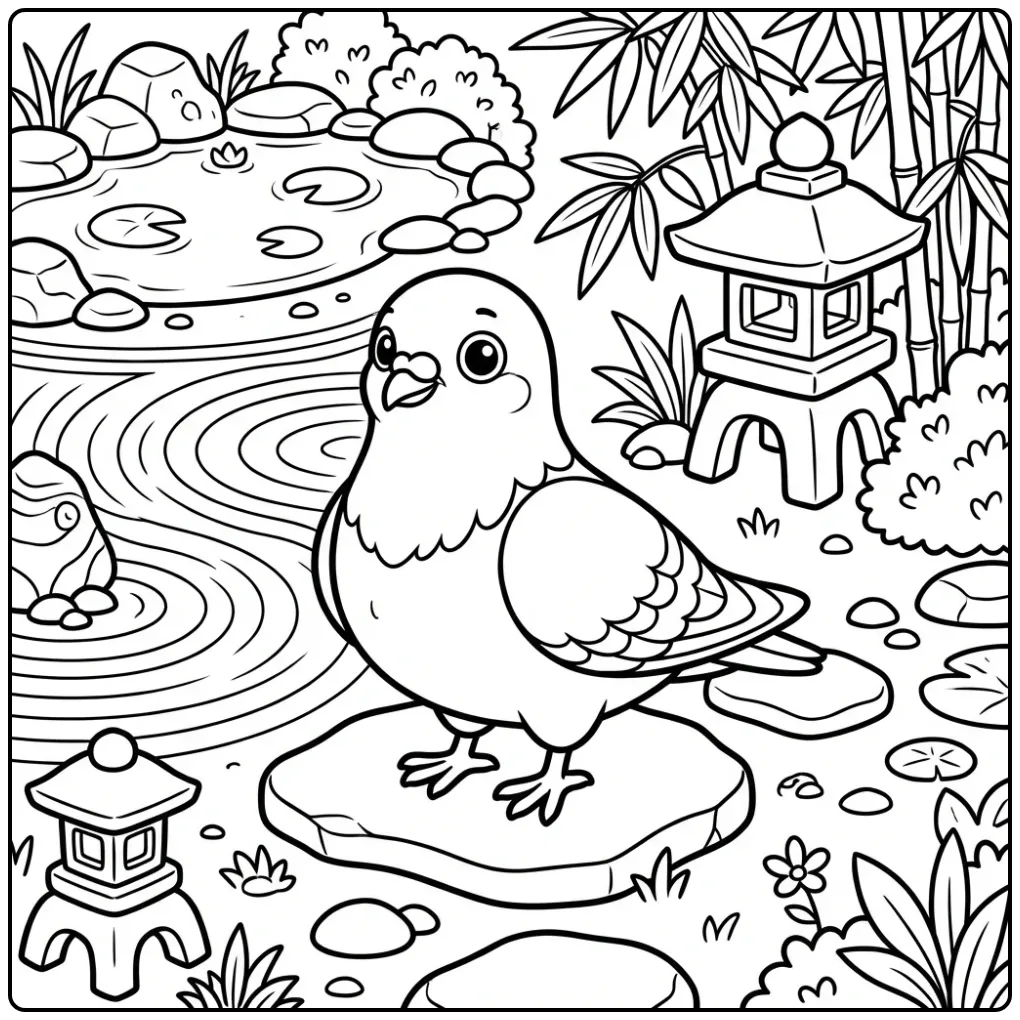 Schattige kleurplaat duif op een stapsteen in Japanse tuin