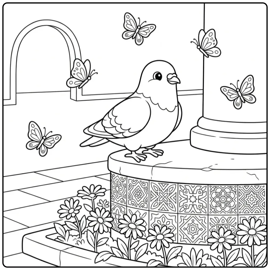 Schattige kleurplaat duif op een sokkel met bloemen.