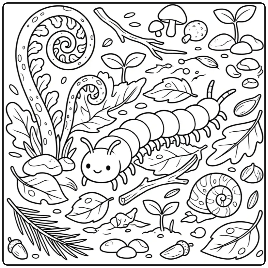 Een schattige kleurplaat duizendpoot in het bos.