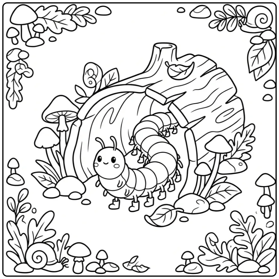 Schattige kleurplaat duizendpoot in een tunnel van hout.