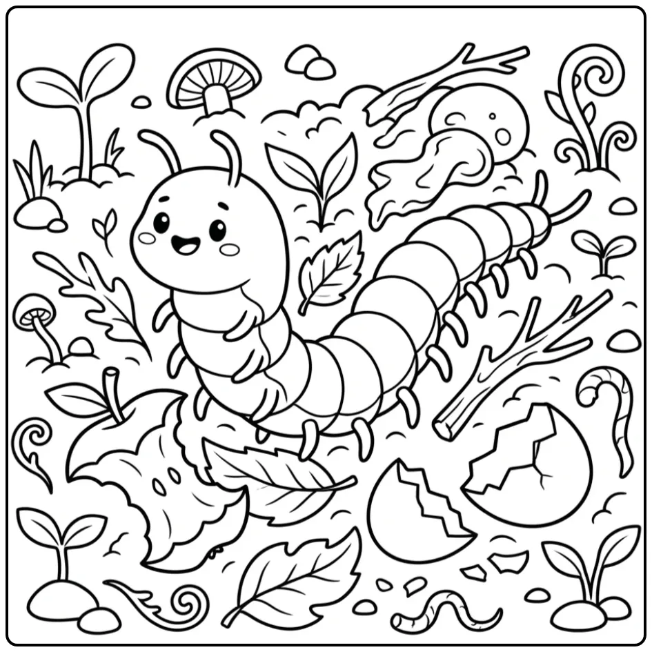 Schattige kleurplaat duizendpoot tussen bladeren.