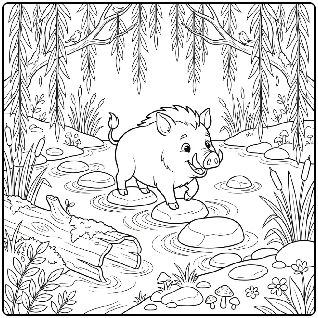 Leuke kleurplaat everzwijn steekt de rivier over via stenen.