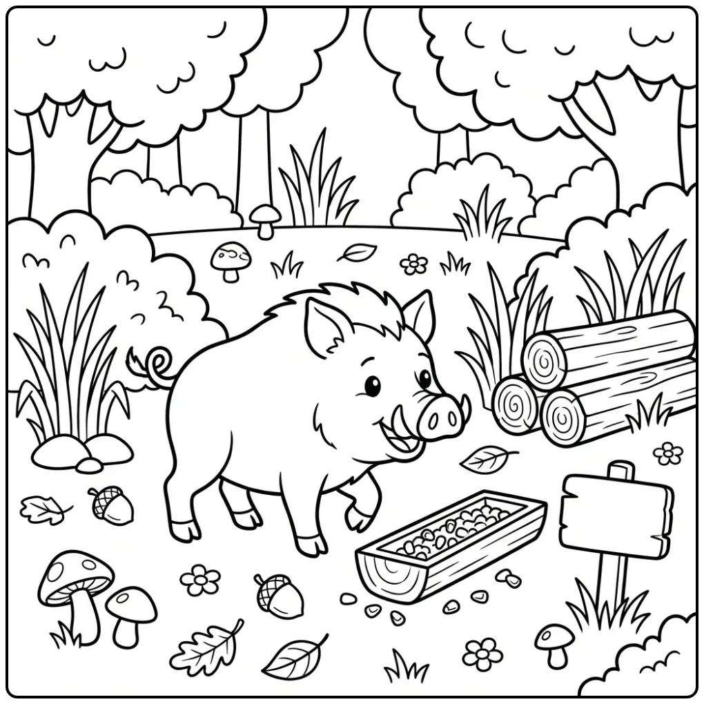 Schattige kleurplaat everzwijn wandelend bij maïs.