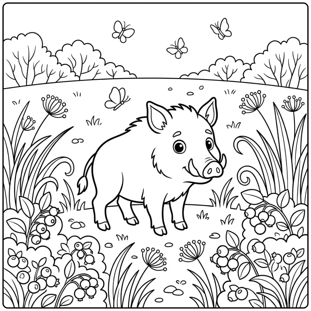 Schattige kleurplaat everzwijn in een weiland met bessen.