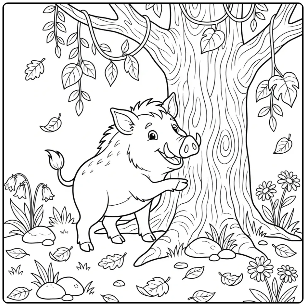 Een leuke kleurplaat everzwijn bij een boomstam.