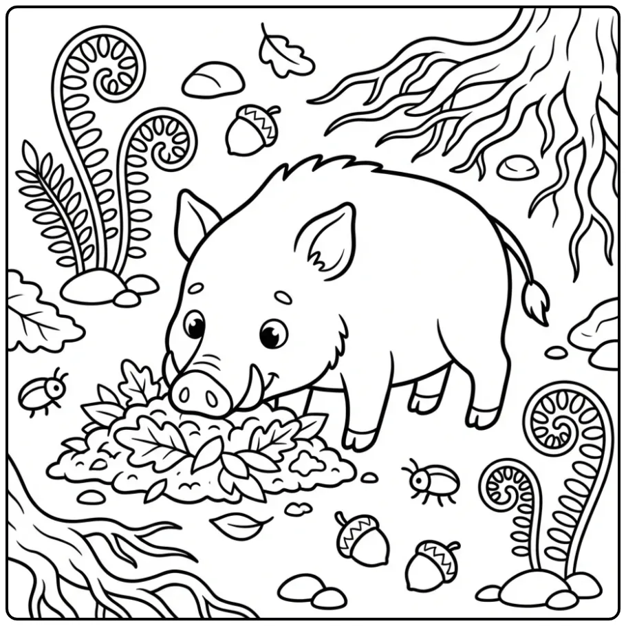Schattige kleurplaat everzwijn wroetend tussen bladeren.