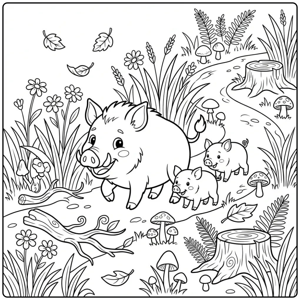 Lieve kleurplaat everzwijn met twee kleine biggetjes.