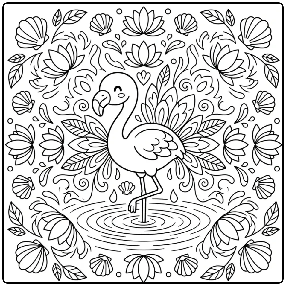 Schattige kleurplaat flamingo mandala tussen lotusbloemen.