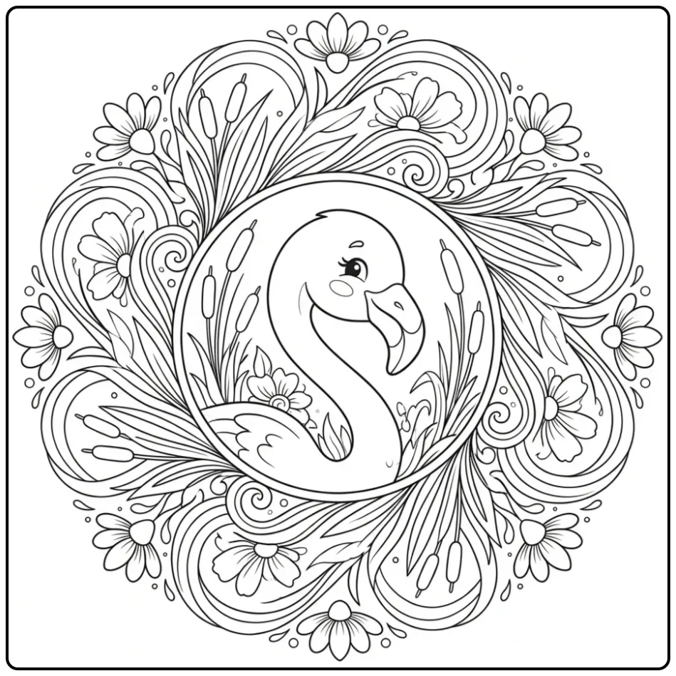 Schattige kleurplaat flamingo mandala met bloemen en riet.