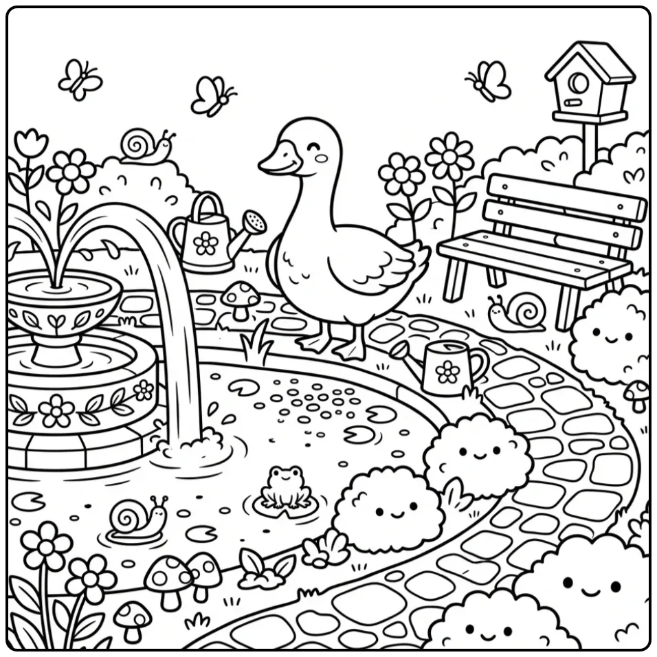 Schattige kleurplaat gans bij een vijver met fontein.