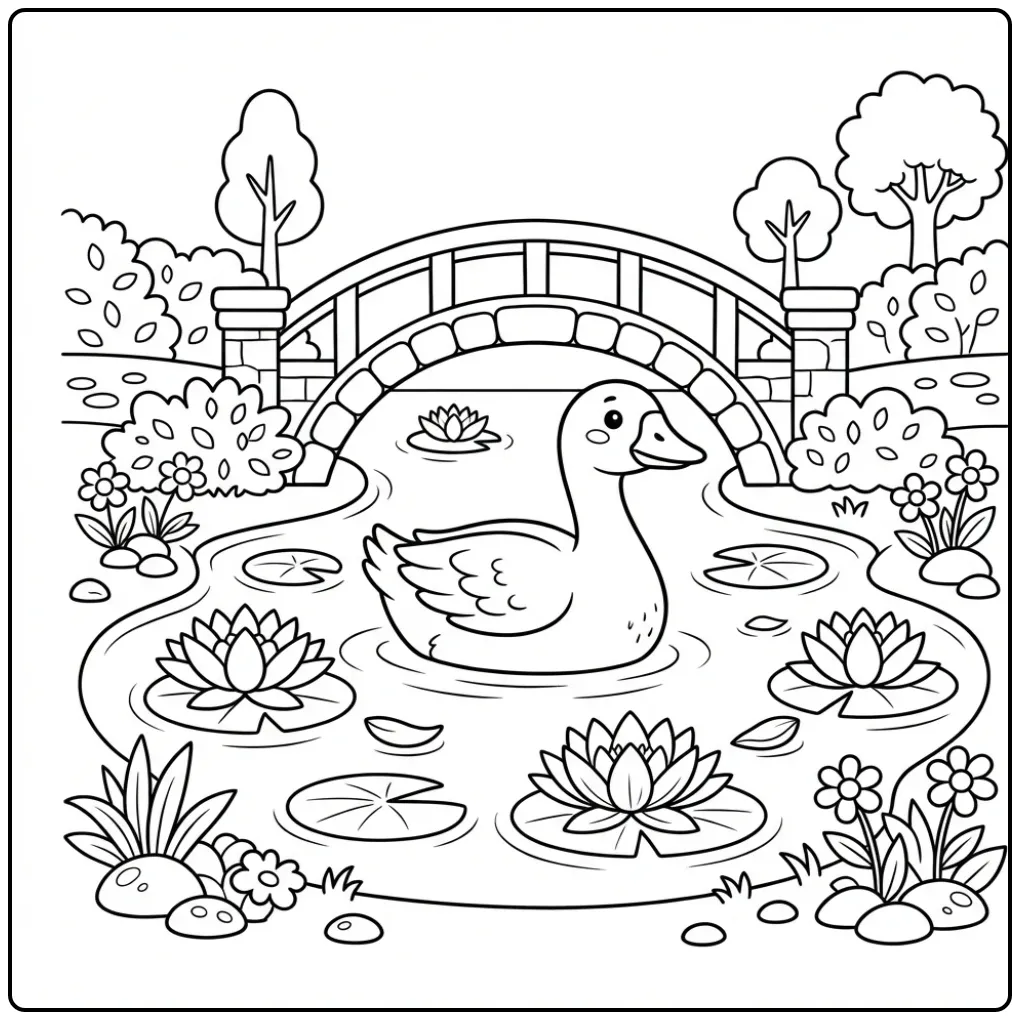 Schattige kleurplaat gans zwemmend bij waterlelies en brug.