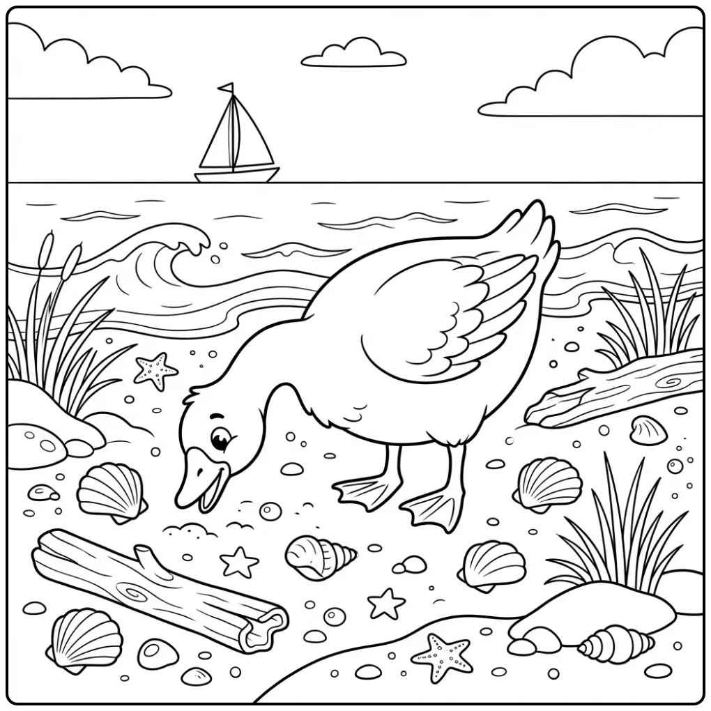 Een vrolijke kleurplaat gans aan de kustlijn.