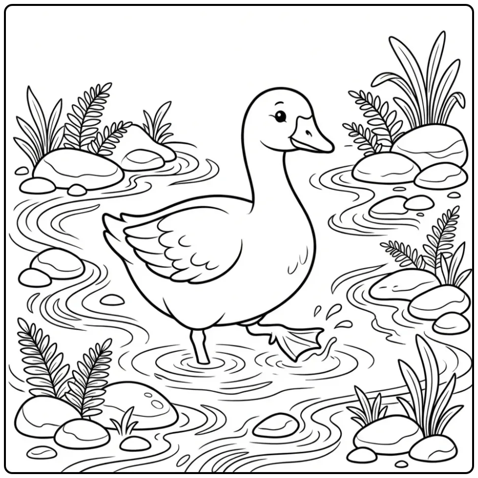 Schattige kleurplaat gans spetterend in het water.