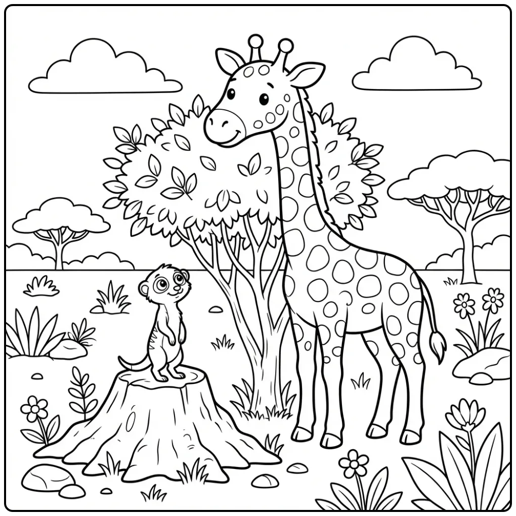 Leuke kleurplaat giraffe die over een struik kijkt.