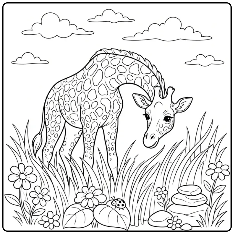 Kleurplaat giraffe die naar een beestje kijkt in het gras