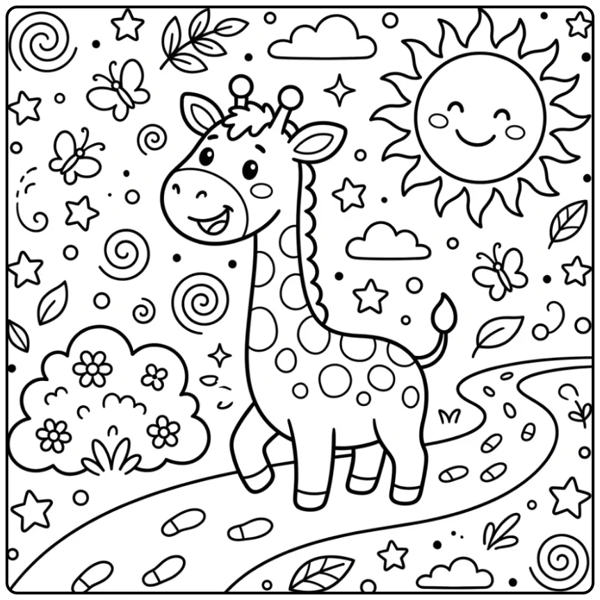 Leuke kleurplaat giraffe makkelijk op een pad met een zonnetje.