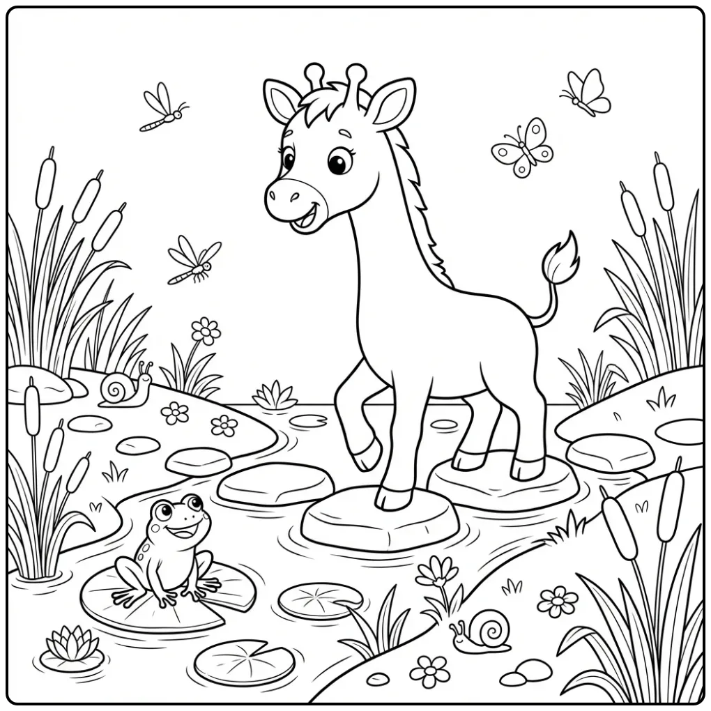 Een schattige kleurplaat giraffe die over een beekje stapt.