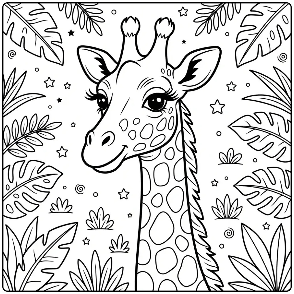 Een schattige kleurplaat giraffe portret met bladeren.