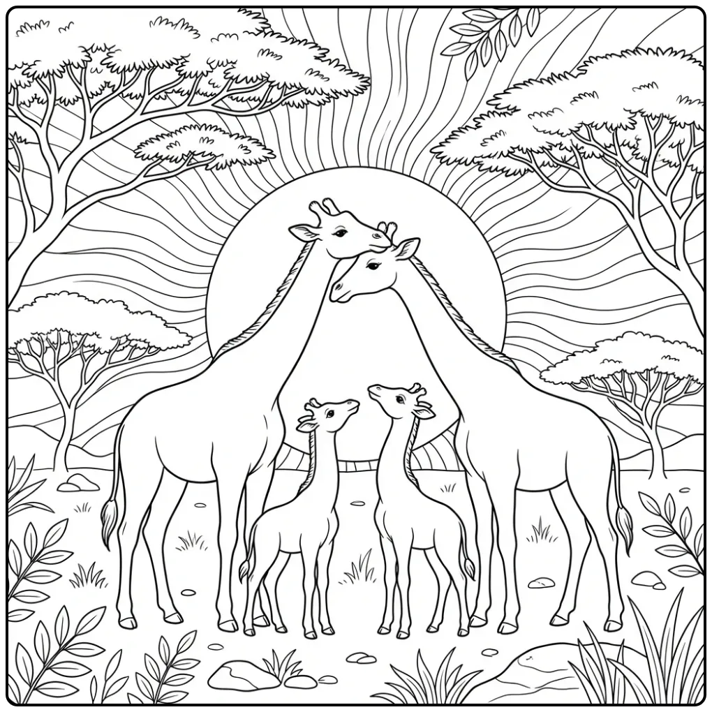 Een schattige kleurplaat giraffe familie bij zonsondergang.