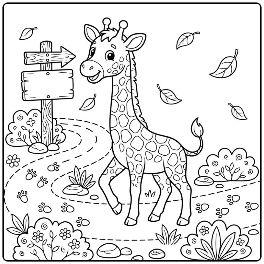 Schattige kleurplaat giraffe op een kronkelend pad.