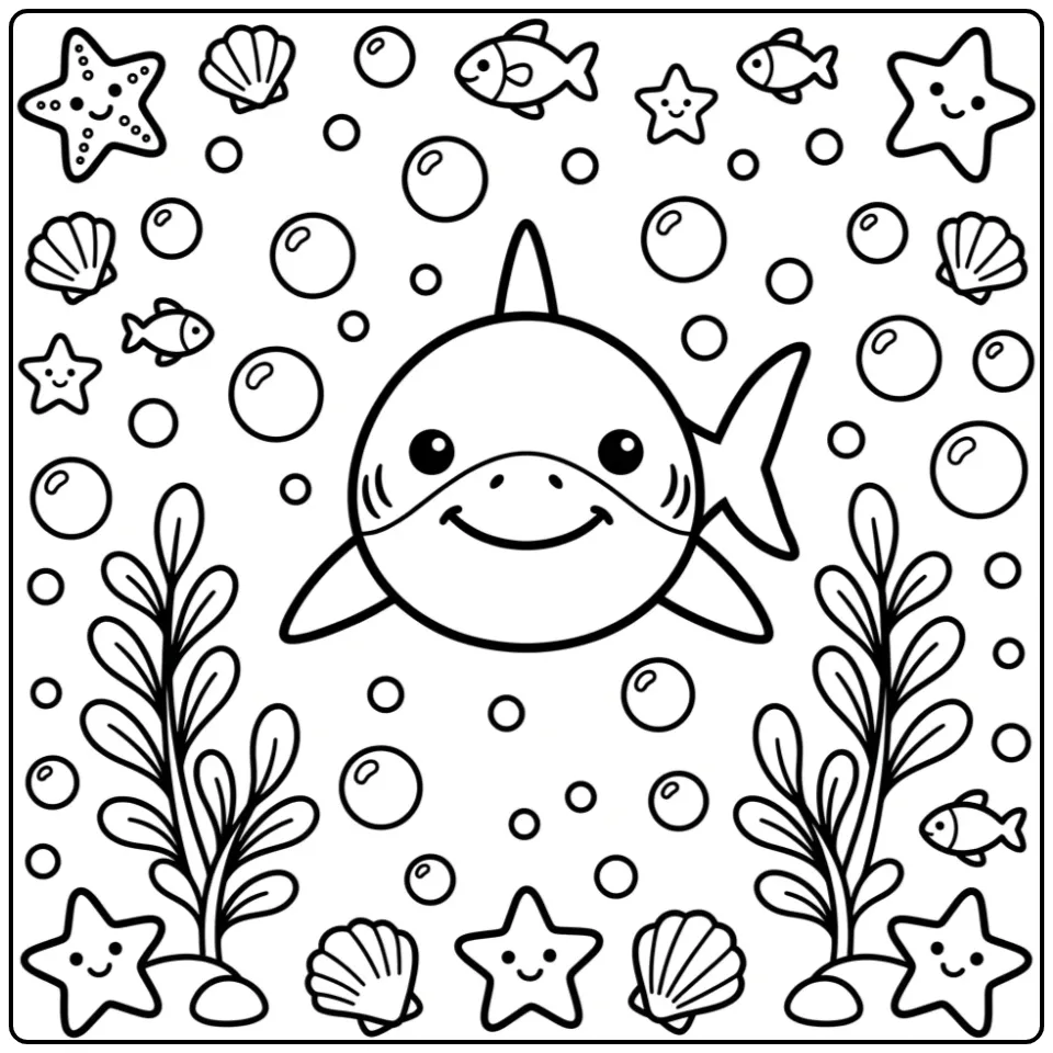 Vrolijke kleurplaat haai makkelijk om in te kleuren.