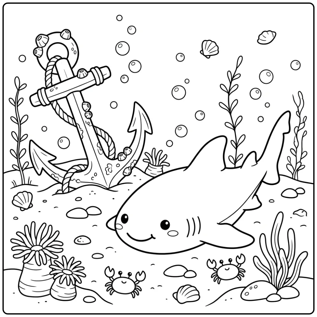 Een leuke kleurplaat haai die rust bij een anker op de bodem.