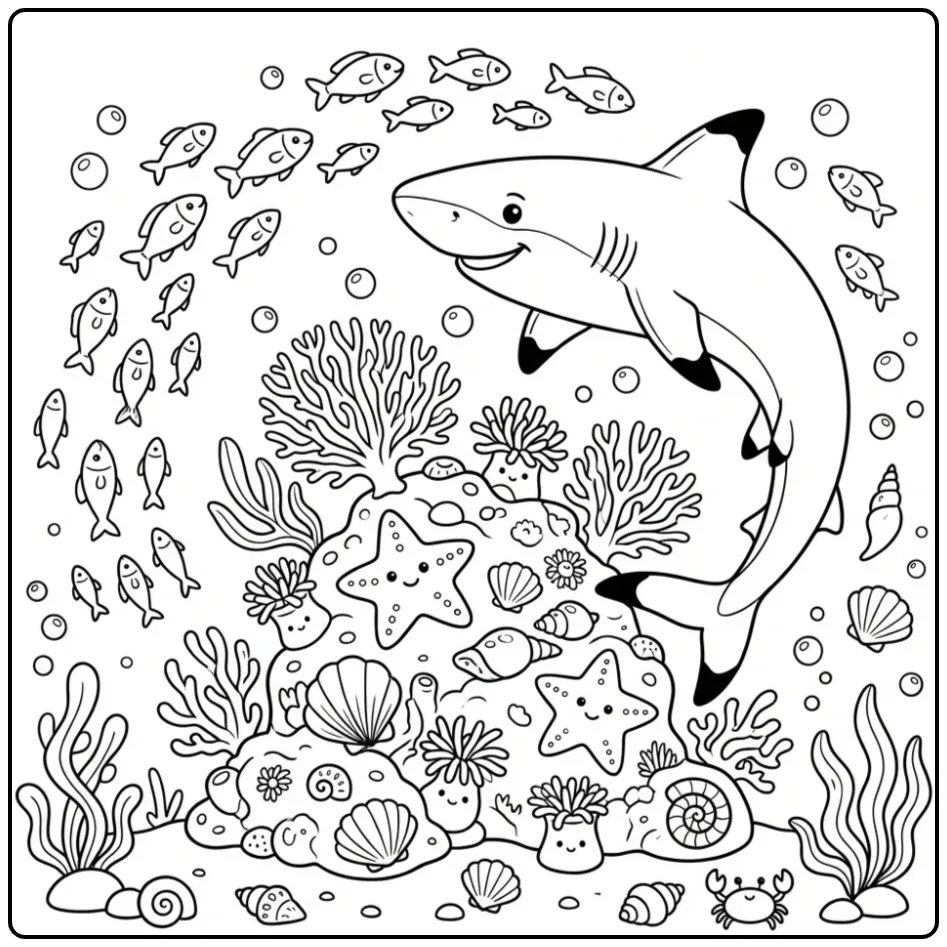 Leuke kleurplaat haai zwemmend bij koraal.