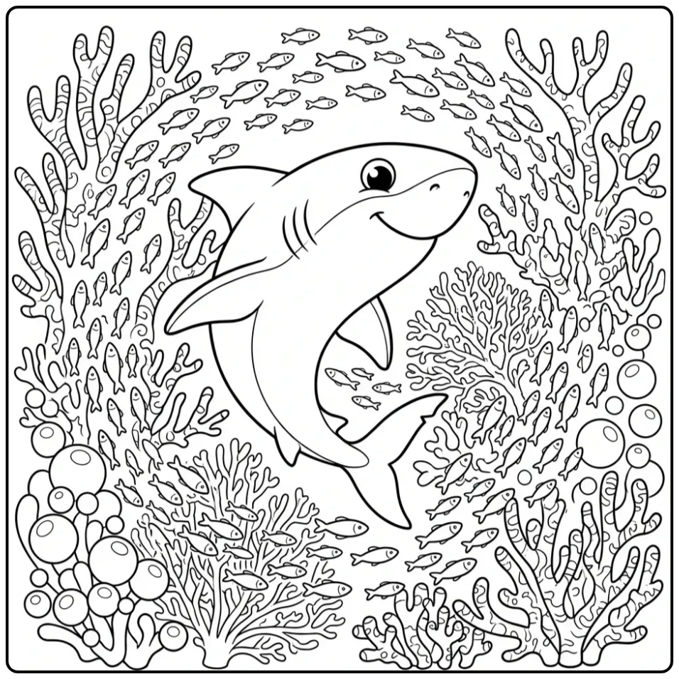 Gedetailleerde kleurplaat haai moeilijk tussen het koraal.