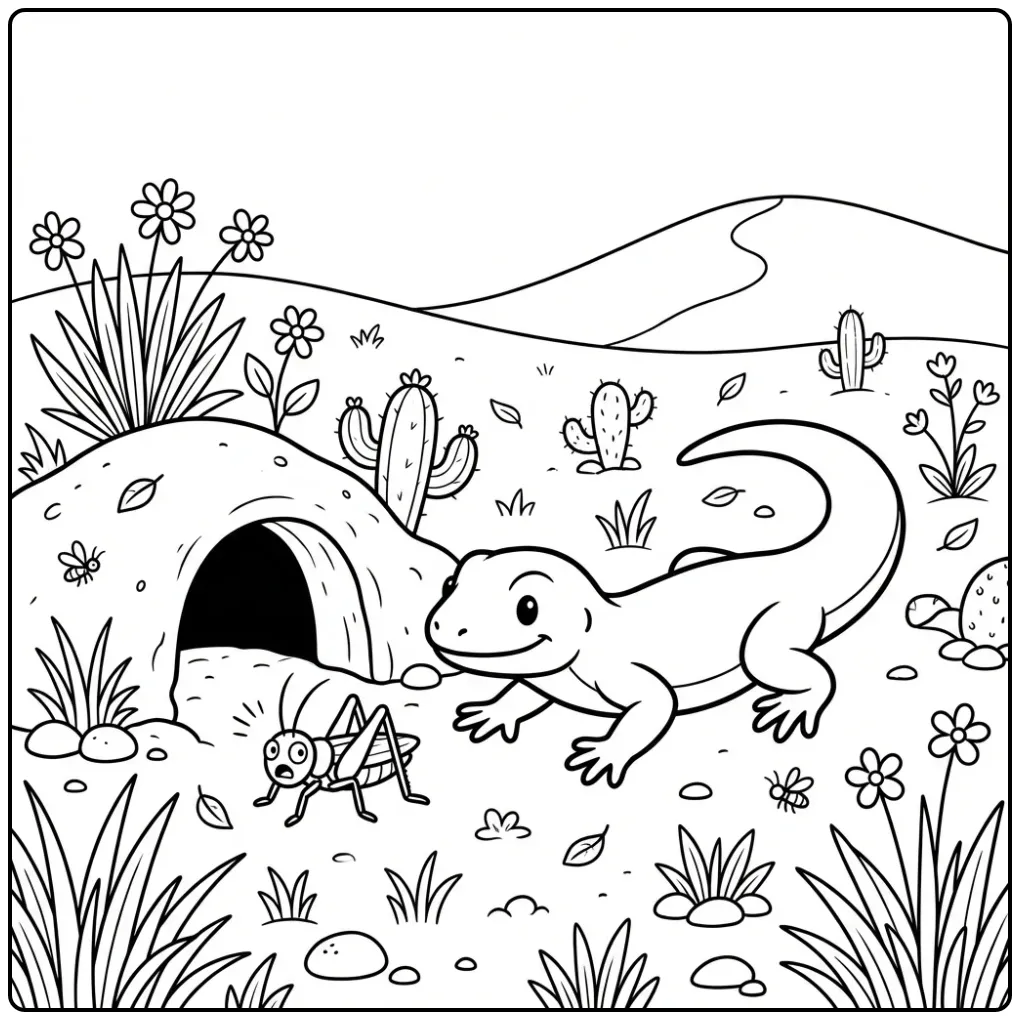 Leuke kleurplaat hagedis die jaagt op een krekel bij zijn hol.