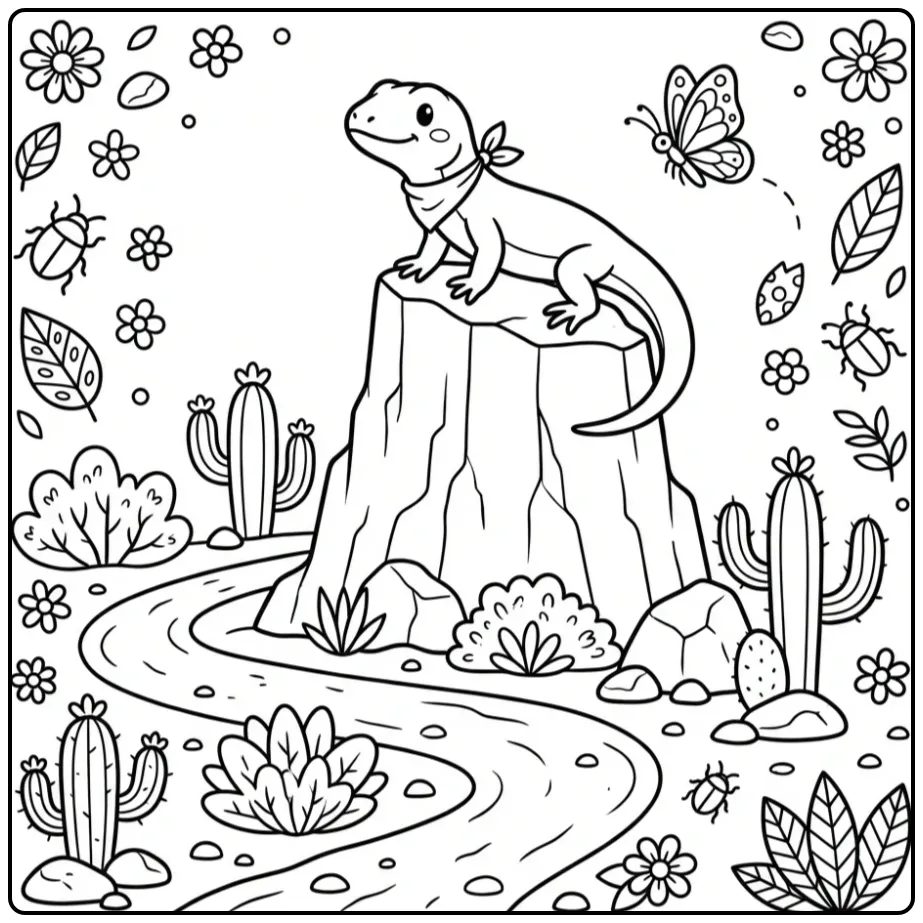 Schattige kleurplaat hagedis op een rots met vlinder.